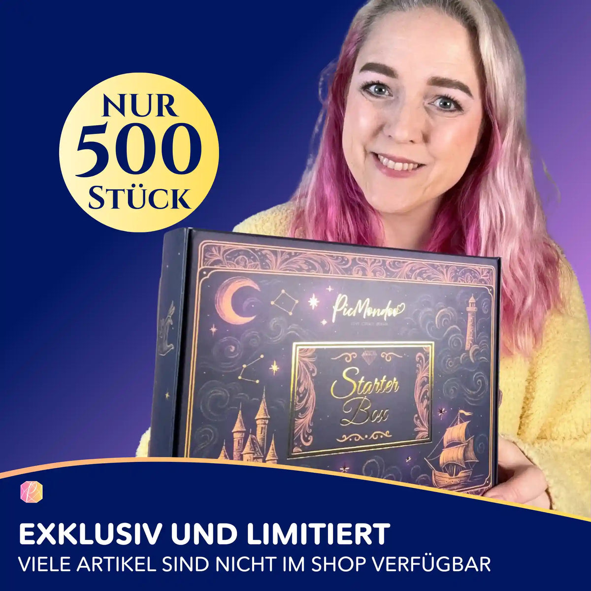 Frau präsentiert exklusive Picmondoo Creator Box XXL für Diamond Painting und kreative DIY-Bastelsets