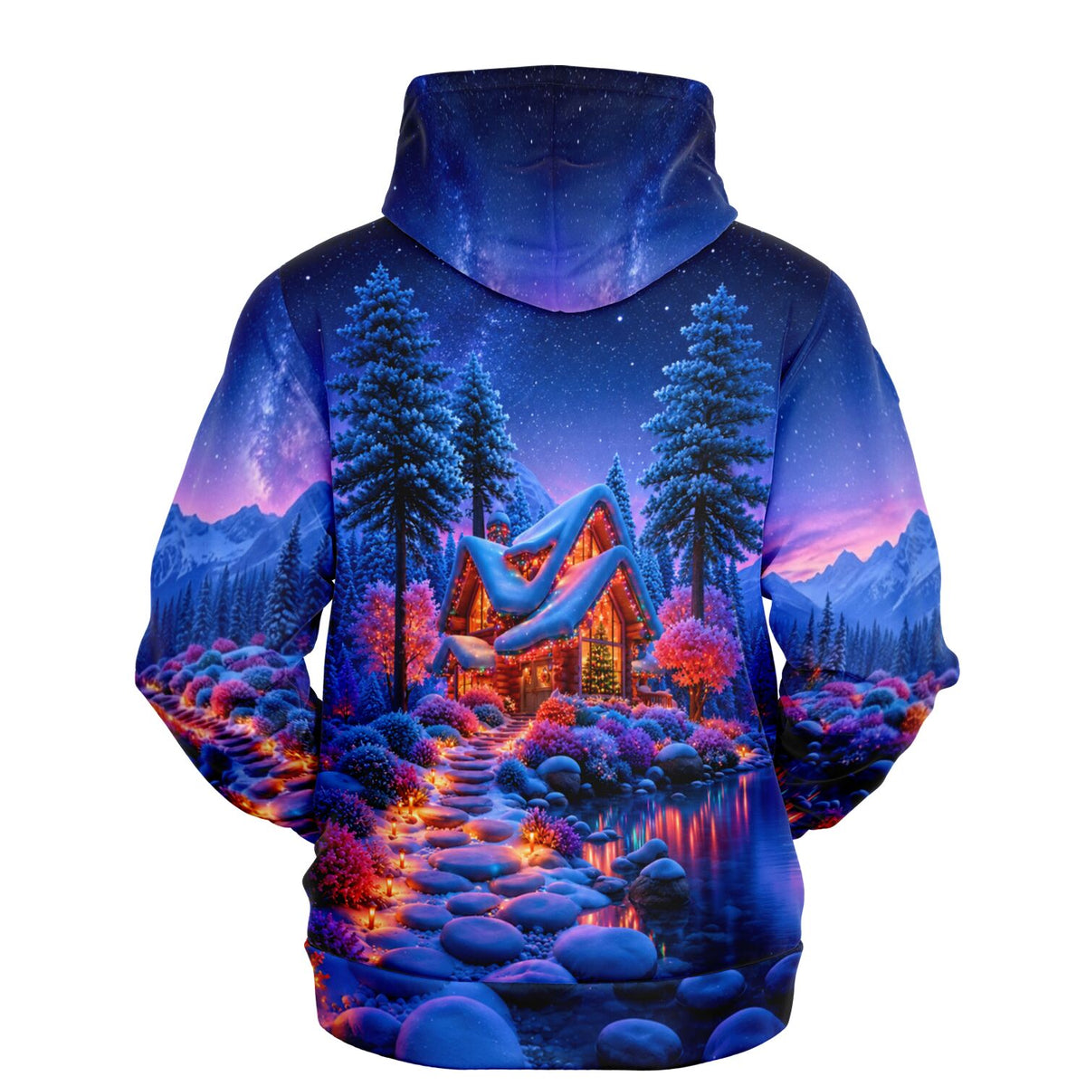 Dreamer Hoodie mit weihnachtlichem Lichterwald-Motiv, verschneiter Hütte am See und buntem Sternenhimmel im AOP-Design