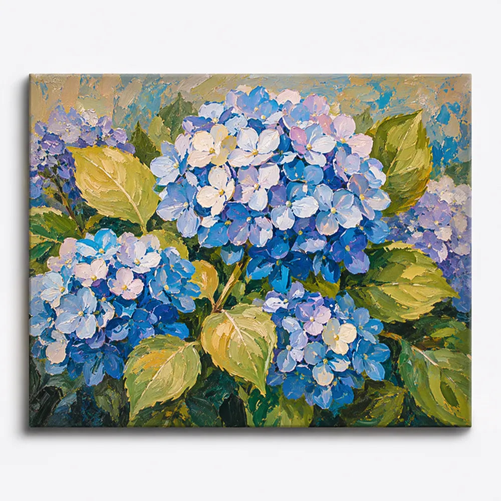 Malen nach Zahlen Hortensienzauber: Blaues Blumenmotiv mit goldenen Blättern auf Leinwand für Erwachsene