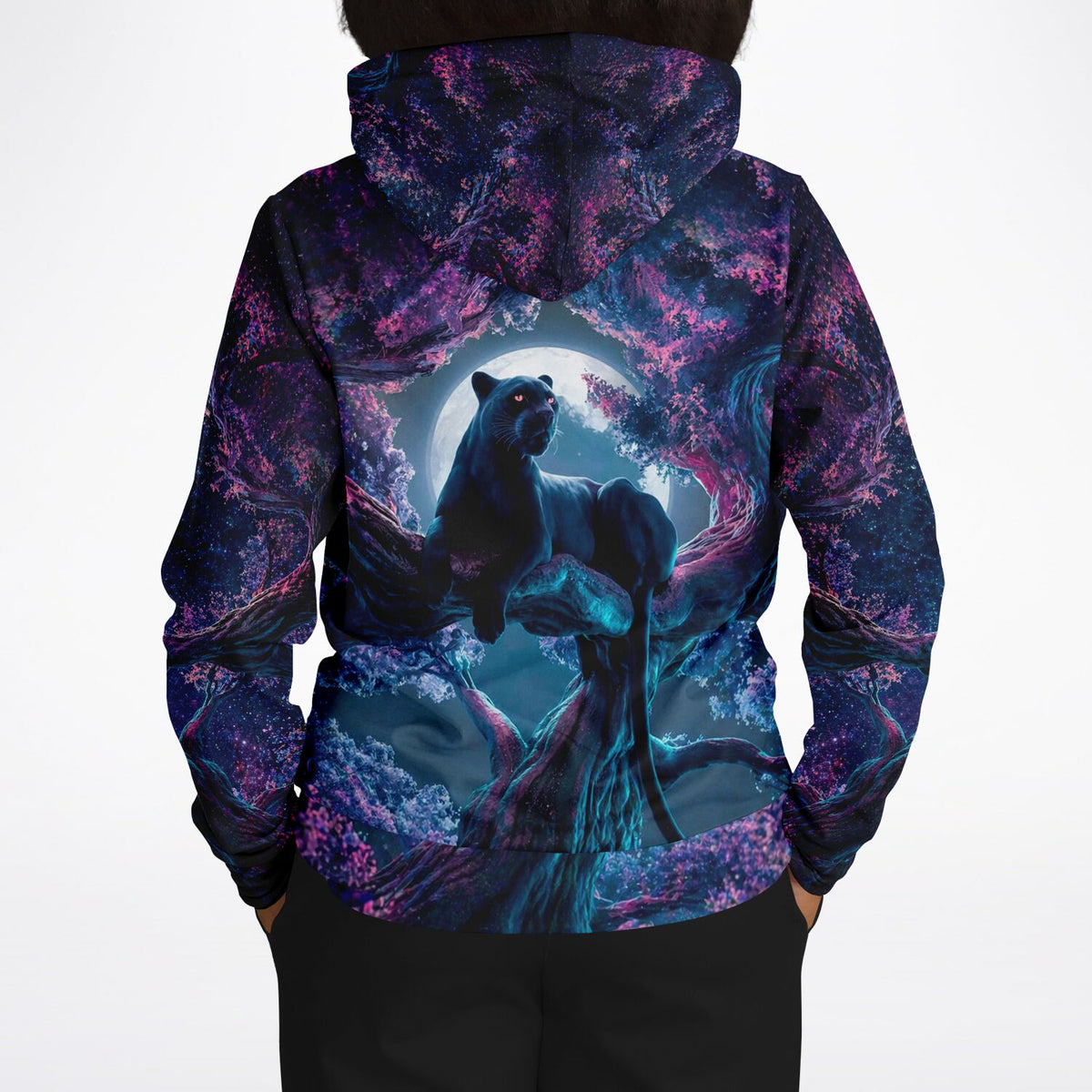 Dreamer Hoodie mit Black Panther Kirschblütentraum Motiv, künstlerischer All-Over-Print im Stil von Diamond Painting