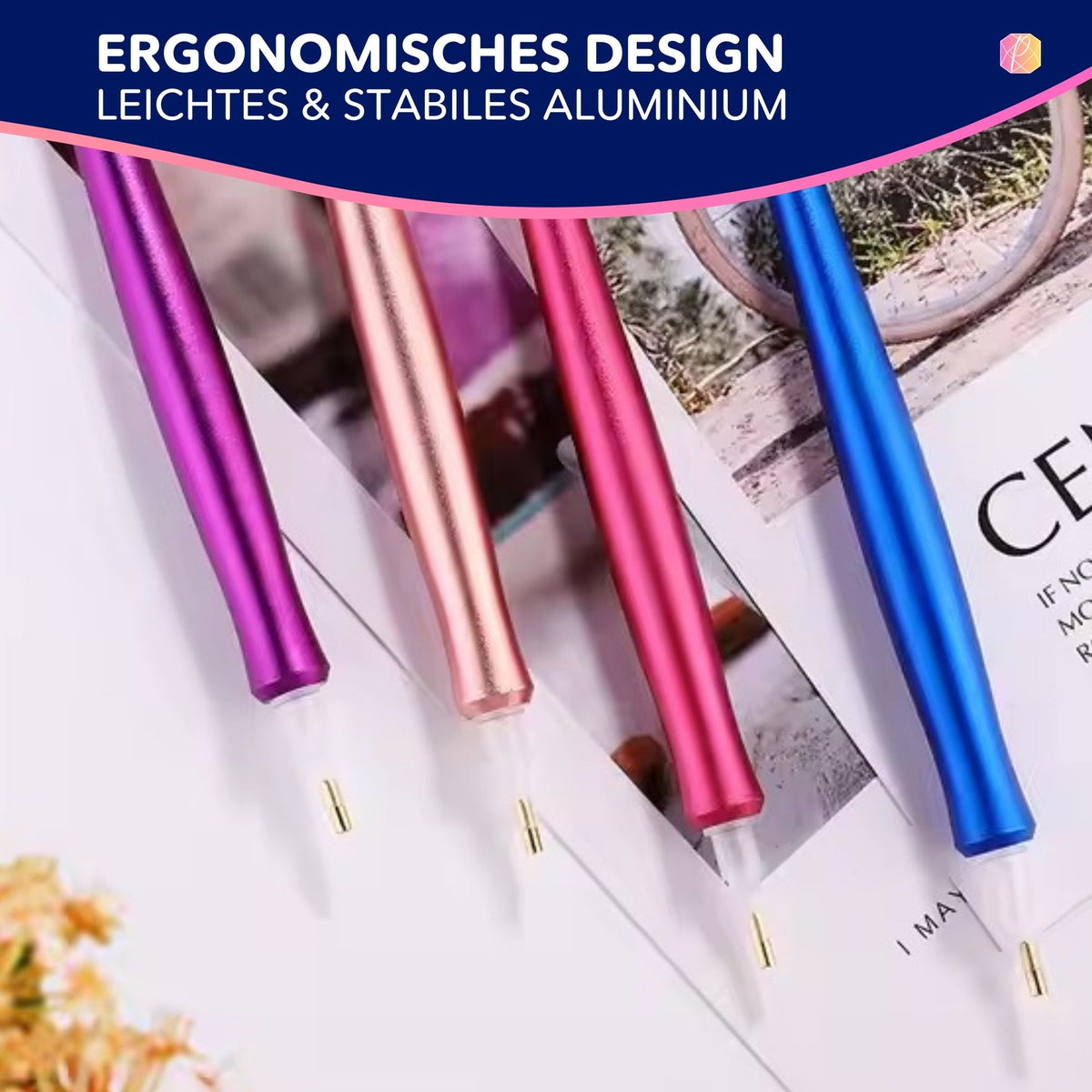 Ergonomische Diamond Painting Stifte aus leichtem Aluminium in verschiedenen Farben für präzises Arbeiten.