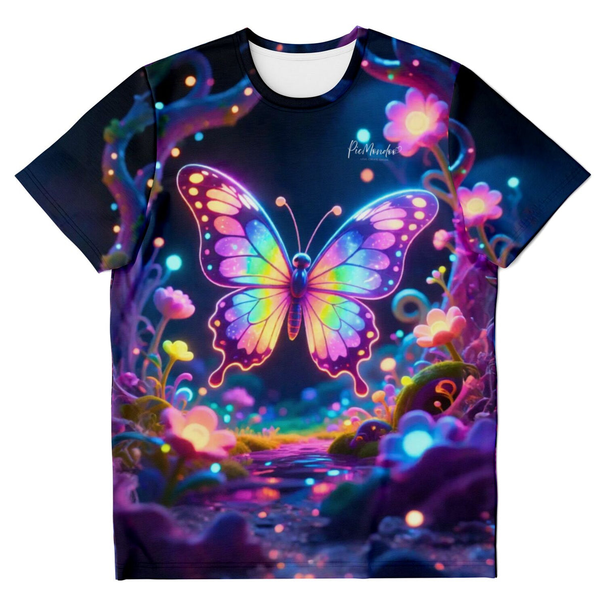 T-Shirt mit leuchtendem Regenbogen-Schmetterling im magischen Garten, inspiriert von Diamond Painting Motiven