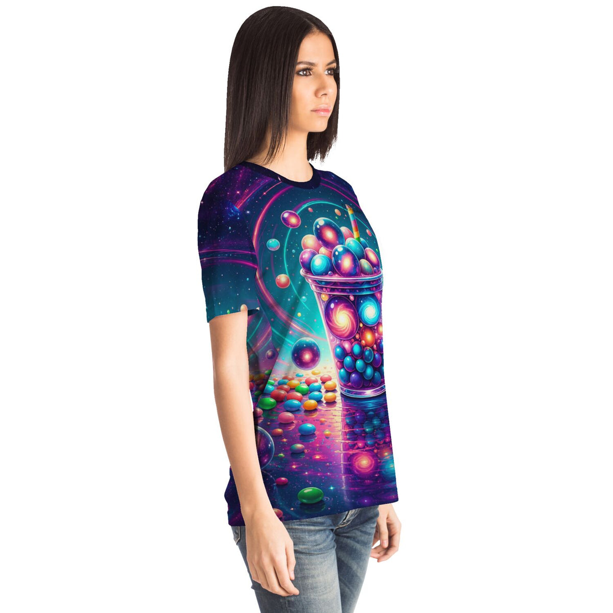 Frau trägt T-Shirt mit Bubble Tea Universum Motiv, ideal für Fans von Malen nach Zahlen und Diamond Painting Designs