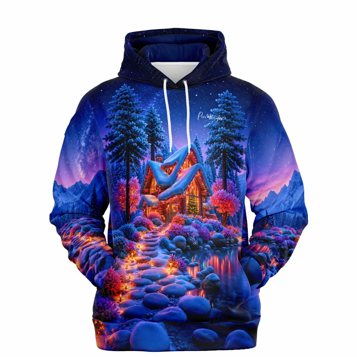 Dreamer Hoodie mit stimmungsvollem Weihnachts-Lichterwald Motiv im Stil beliebter Diamond Painting Kunstwerke.