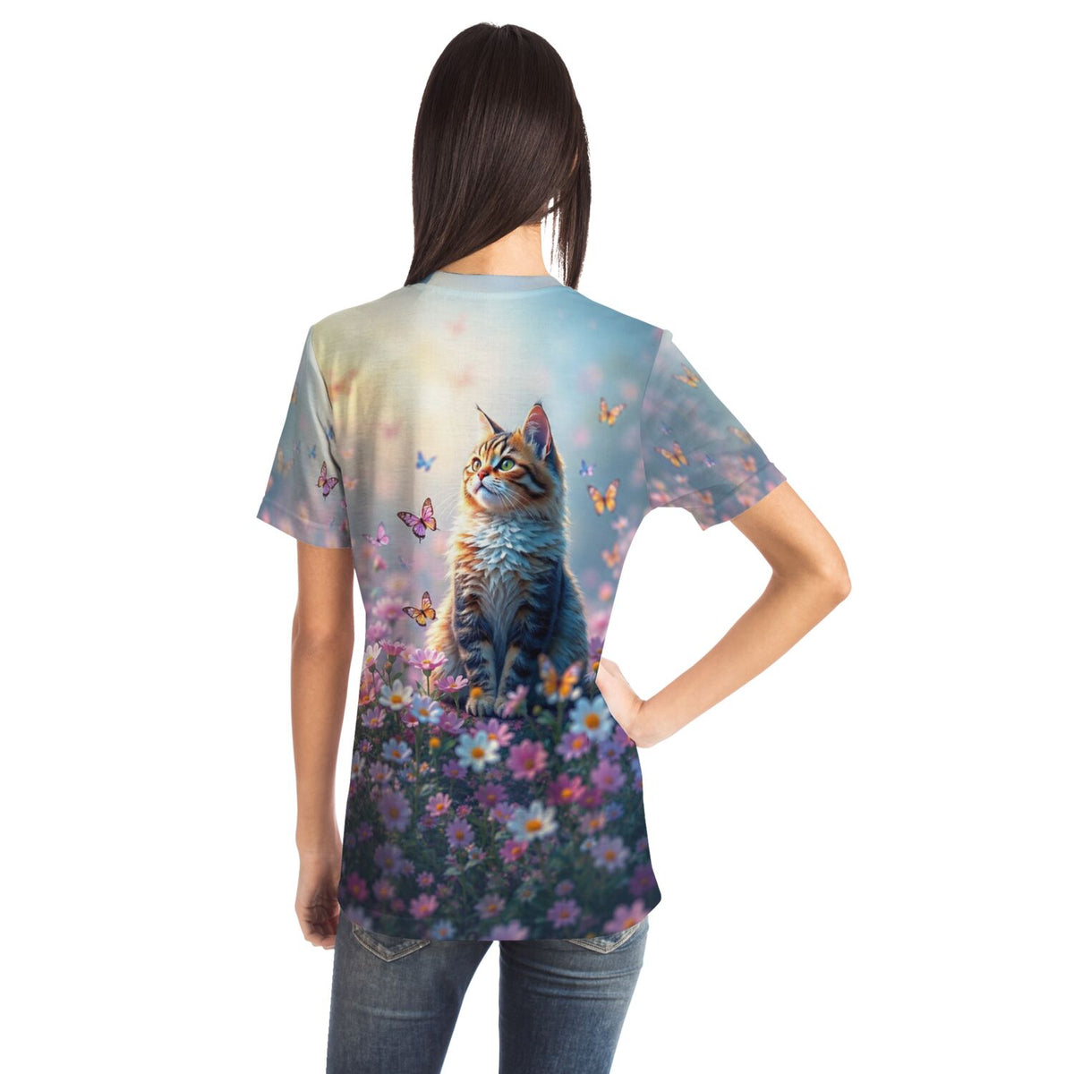 Dreamer T-Shirt mit Katzen Motiv im Blumenfeld, inspiriert durch Diamond Painting und Malen nach Zahlen Kunststile
