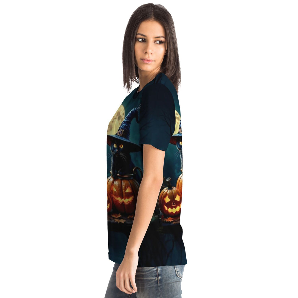 T-Shirt mit Wizard Cat Motiv: schwarze Katze mit Hexenhut auf Kürbissen im Stil beliebter Diamond Painting Vorlagen