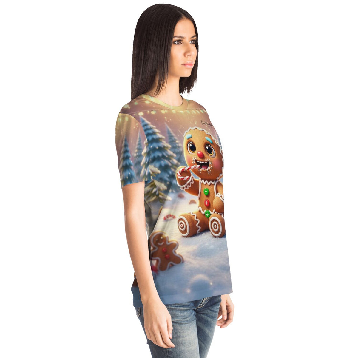 Frau trägt Diamond Painting T-Shirt mit weihnachtlichem Lebkuchenmann Motiv, ideal für DIY- und Bastelfans