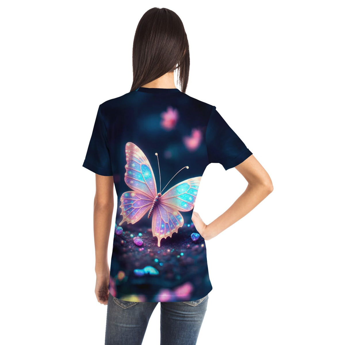 T-Shirt mit leuchtendem Schmetterling-Motiv im Stil von Diamond Painting Kunst für Fans von Malen nach Zahlen Designs.