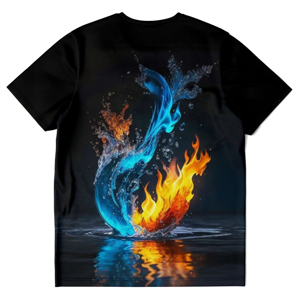 Schwarzes Dreamer T-Shirt mit kontrastreichem Design: Blaues Wasser und gelbe Flammen in künstlerischer Darstellung