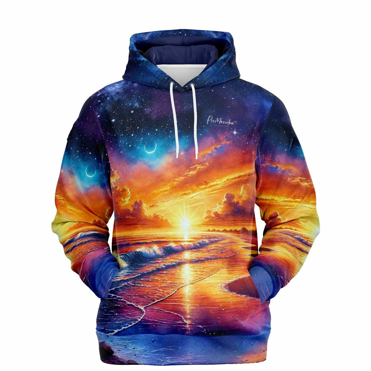Dreamer Hoodie mit farbenfrohem Sonnenuntergang, Sternenhimmel und Ozean-Motiv im Stil von Diamond Painting Design