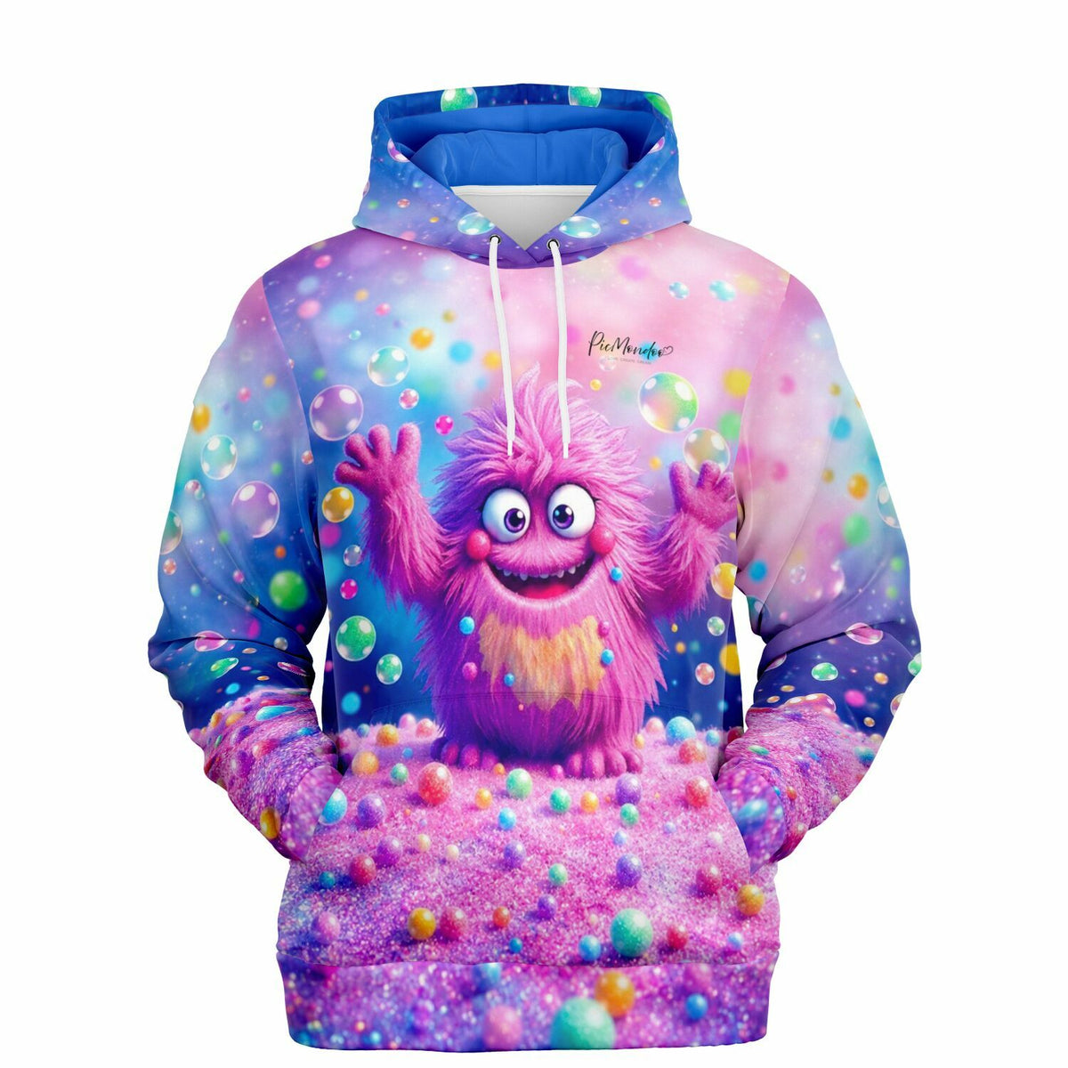 Bunter Dreamer Hoodie mit flauschigem pinken Monster-Motiv und Seifenblasen im Stil von Diamond Painting Designs