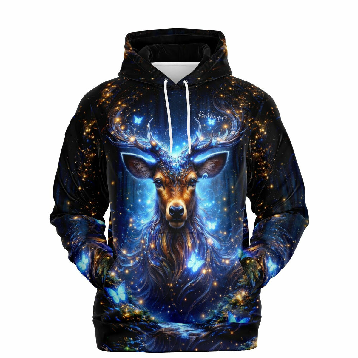 Dreamer Hoodie Wächter des Waldes mit magischem Hirsch-Motiv in Blau und Gold, perfekt für Fans von Diamond Painting