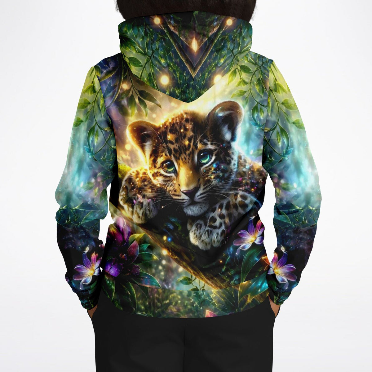 Dreamer Hoodie Sonnenfunke mit lebendigem Leoparden-Design im Stil von Diamond Painting Kunstwerken