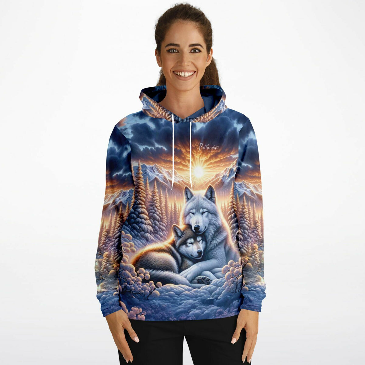 Dreamer Hoodie mit Wolfliebe Motiv im Sonnenaufgang, inspiriert von Diamond Painting Kunst und Malen nach Zahlen Designs