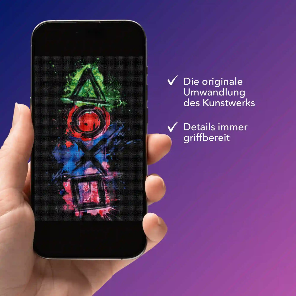 Digitale Diamond Painting Vorlage als PDF auf Smartphone für das Play the Game Motiv mit bunten Farbdetails.