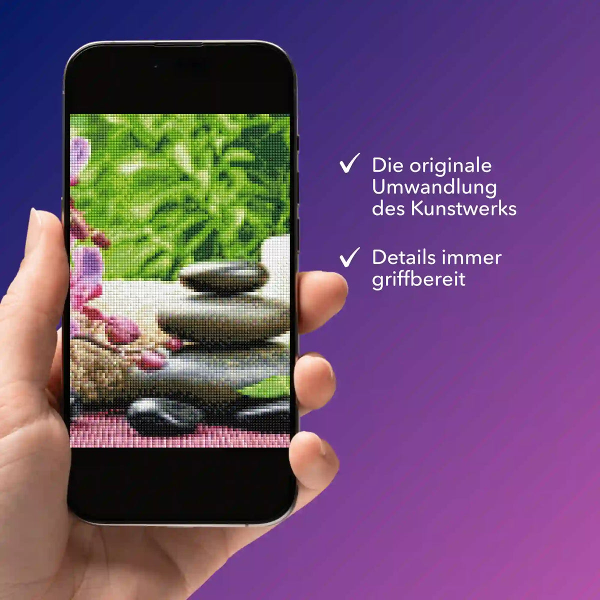 Digitale Diamond Painting Bildmappe auf dem Smartphone mit Oase-Motiv zur Kontrolle der Kunstwerk-Details