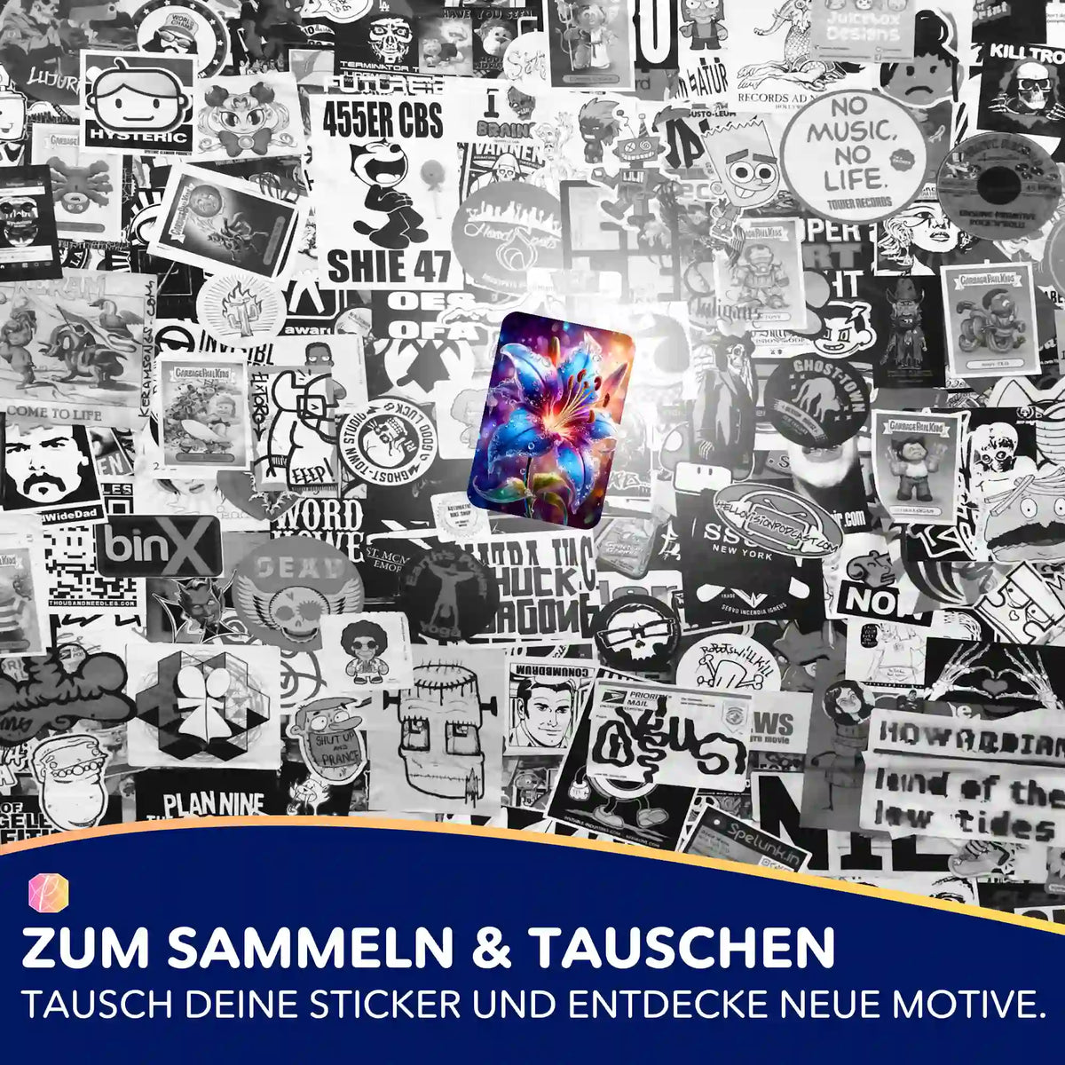 Buntes Regenlied-Sticker-Set für Diamond Painting Fans vor einer schwarz-weißen Collage-Wand