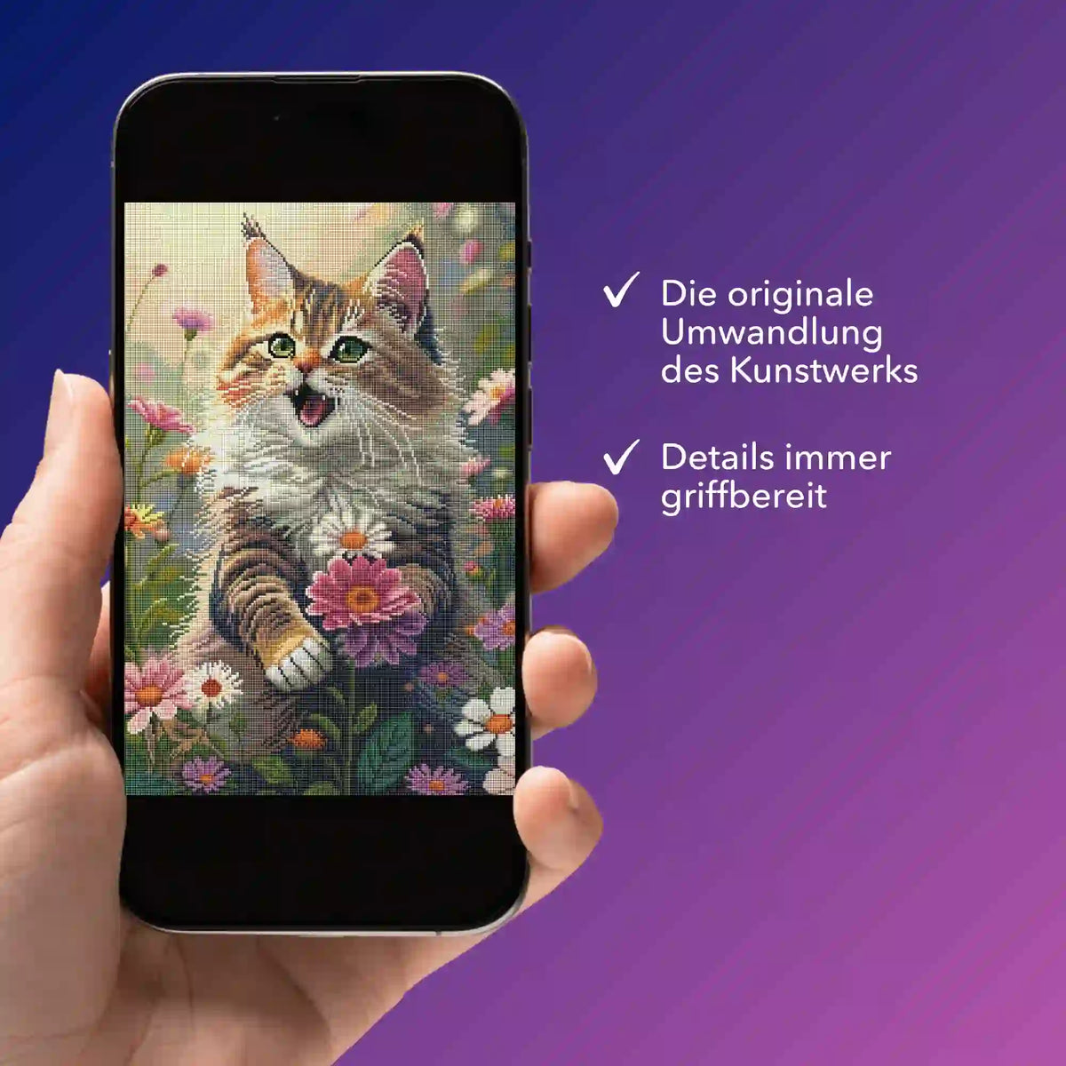 Digitale Diamond Painting Bildmappe mit Katzen-Motiv Lucy auf Smartphone für unterwegs inklusive Vorlagen-Details.