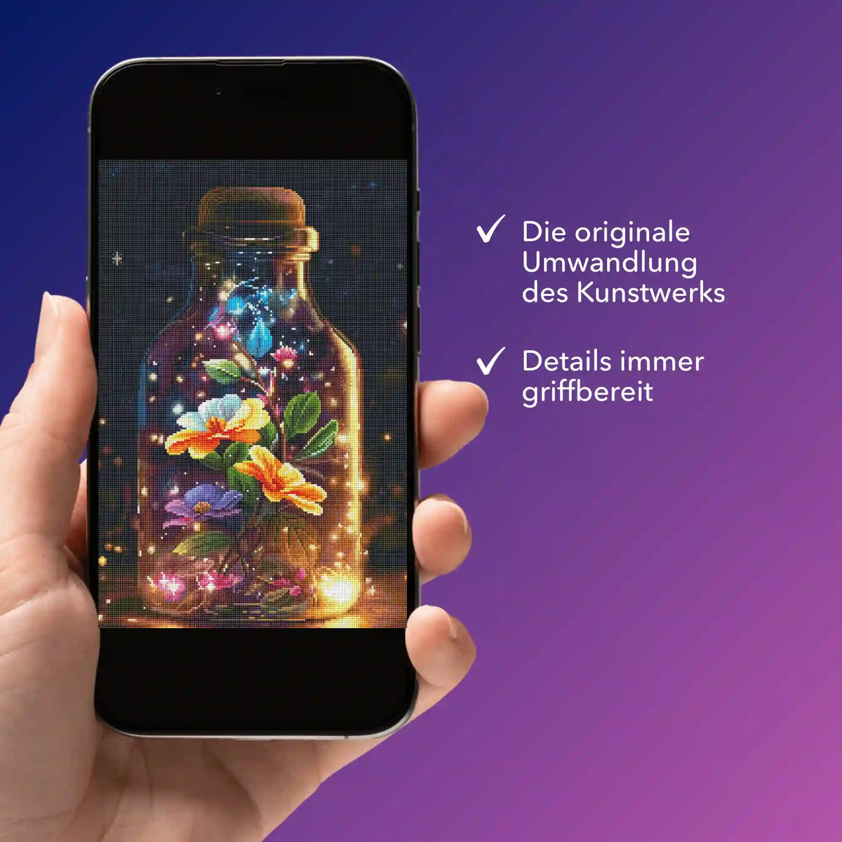 Digitale Bildmappe für Diamond Painting auf dem Smartphone mit dem Motiv Leuchtender Blütenzauber als Vorlage