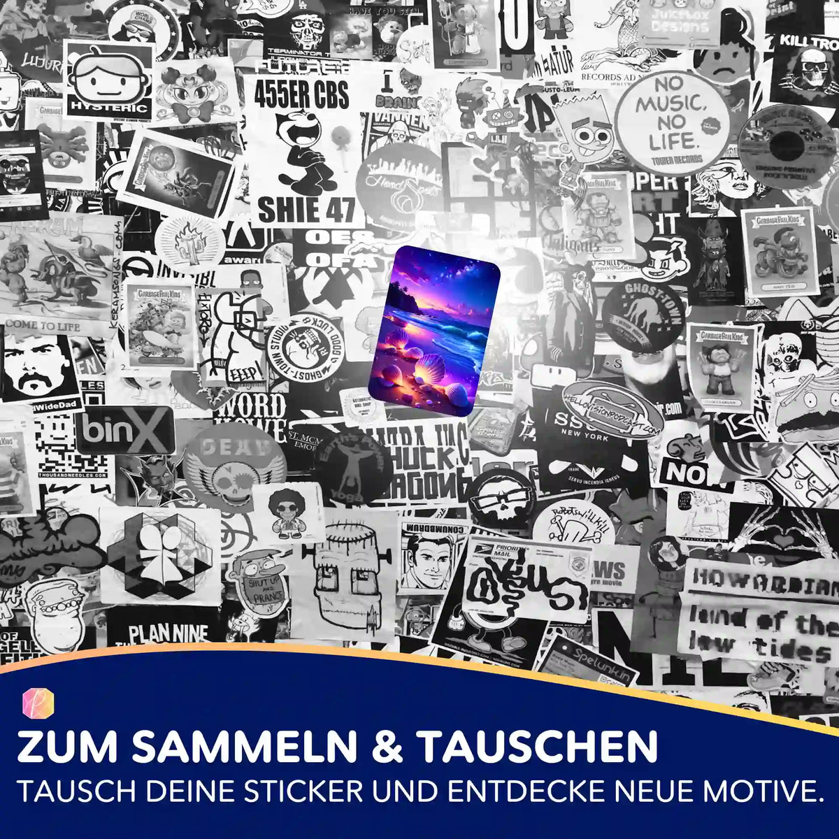 Farbenfroher Wunschmuscheln-Aufkleber für dein Diamond Painting Zubehör vor einer schwarz-weißen Stickerkulisse.