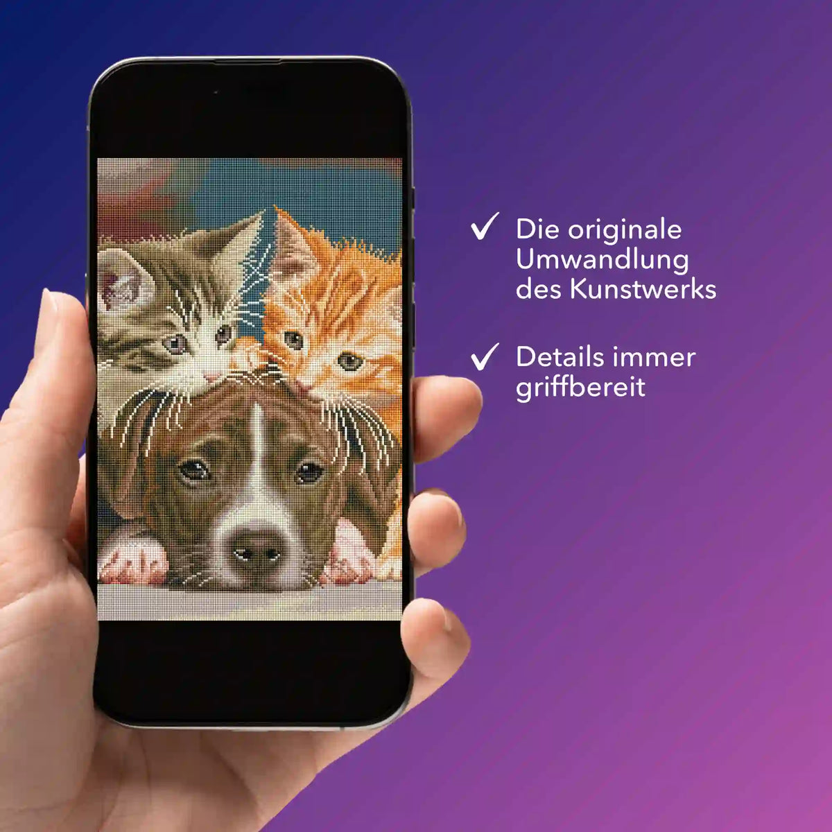 Digitale Diamond Painting Vorlage mit Katzen und Hund Motiv als PDF auf einem Smartphone