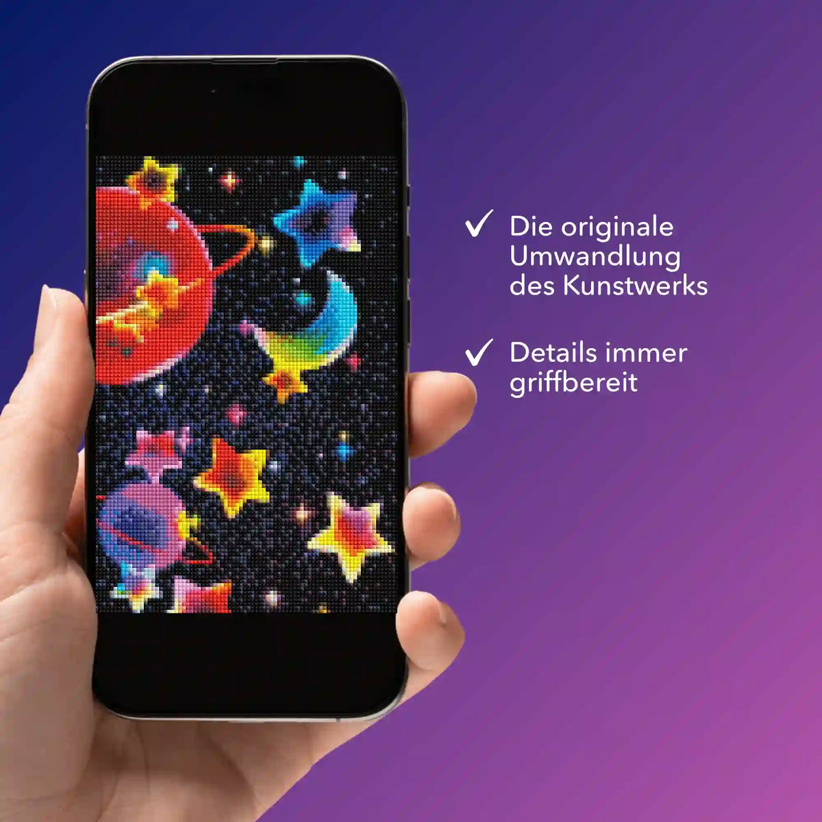 Smartphone mit digitaler Diamond Painting Vorlage im bunten Universum Design für kreative DIY-Bastelsets