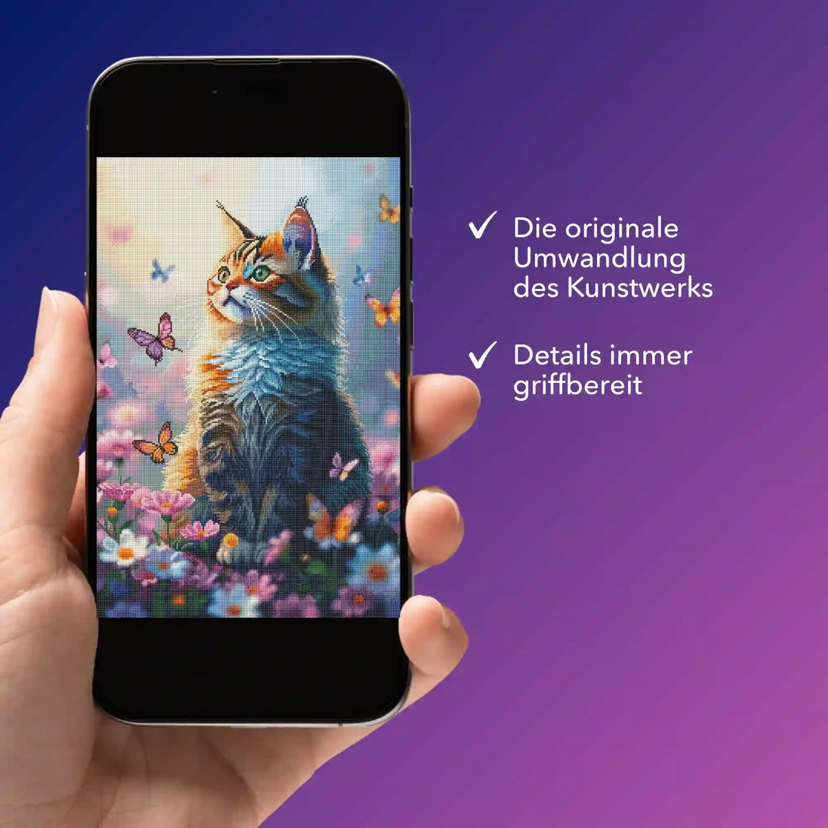 Digitale Diamond Painting Bildmappe mit Katzen-Motiv in einer Handy-App für kreative Kunstwerke.