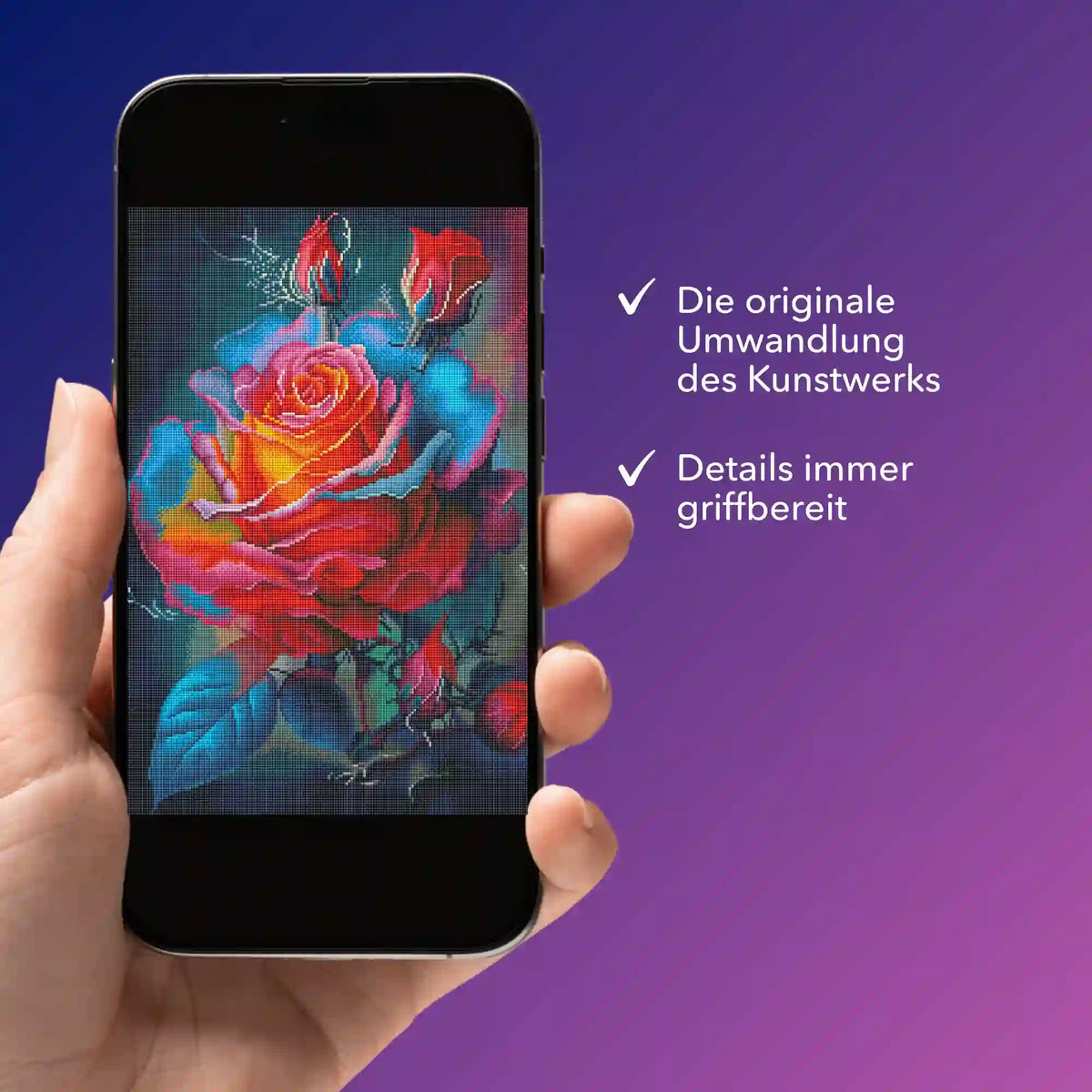 Digitale Diamond Painting Bildmappe mit buntem Rosenmotiv auf Smartphone-Display