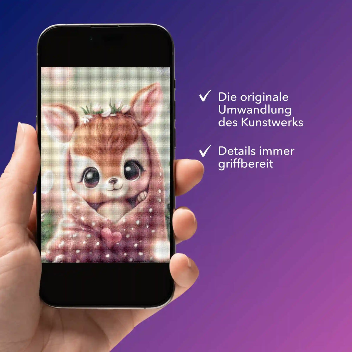 Smartphone mit digitaler Diamond Painting Vorlage als süßes Rehkitz. Perfekt für kreative Projekte zum Malen nach Zahlen.