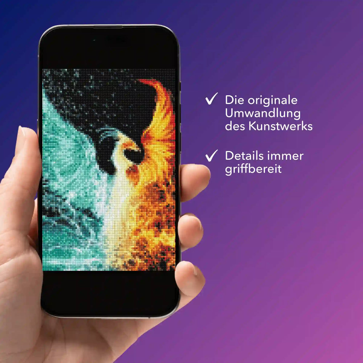 Smartphone zeigt digitale Diamond Painting Bildmappe mit Phönix-Motiv für kreative DIY-Kunstprojekte