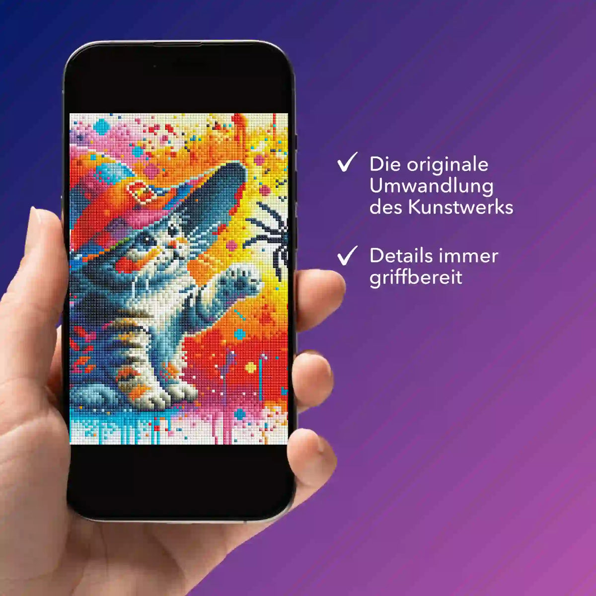Digitale Diamond Painting Vorlage Kitty Cat als PDF zur Ansicht auf dem Smartphone für kreative Bastelprojekte