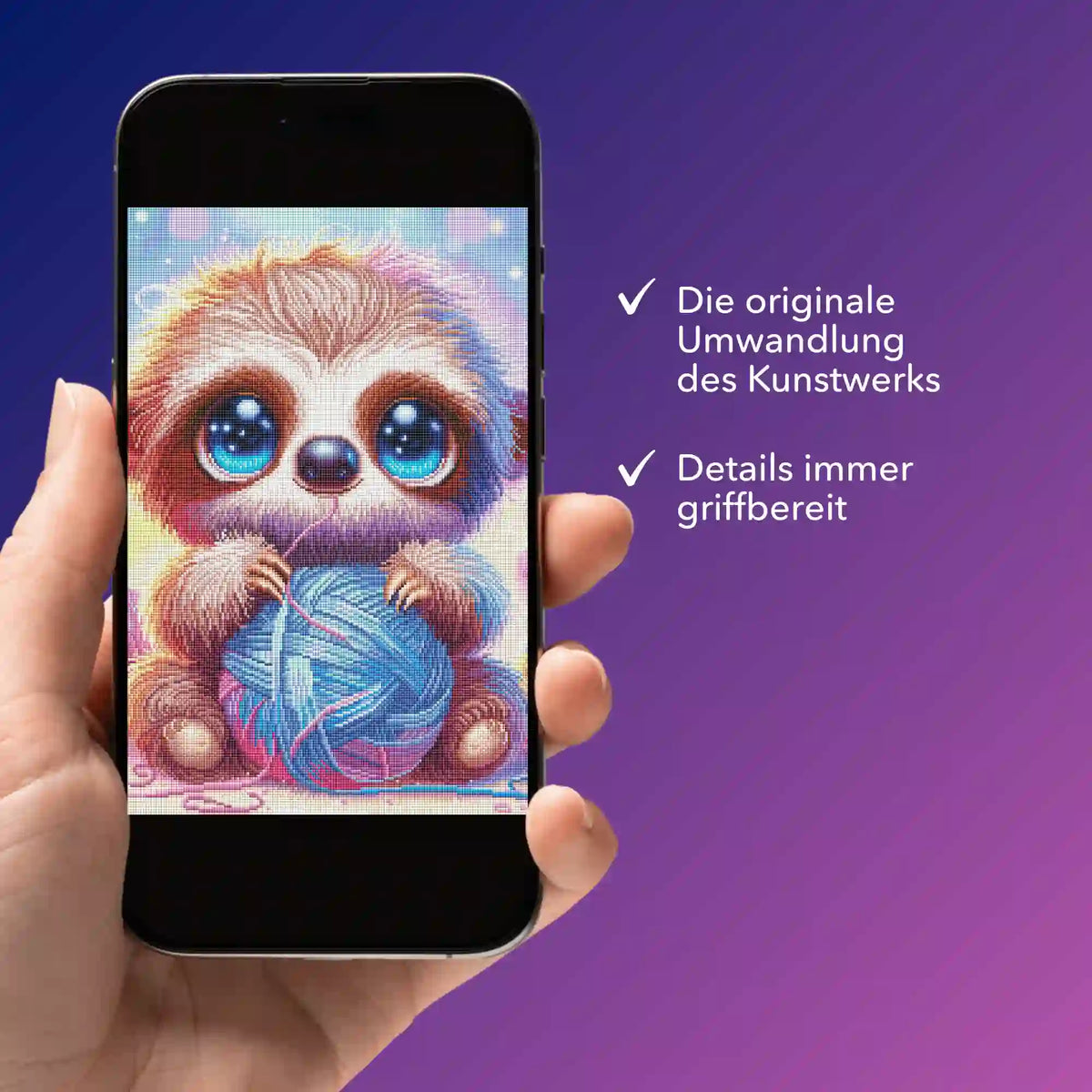 Digitale Diamond Painting Vorlage mit süßem Faultier Motiv auf einem Smartphone für unterwegs