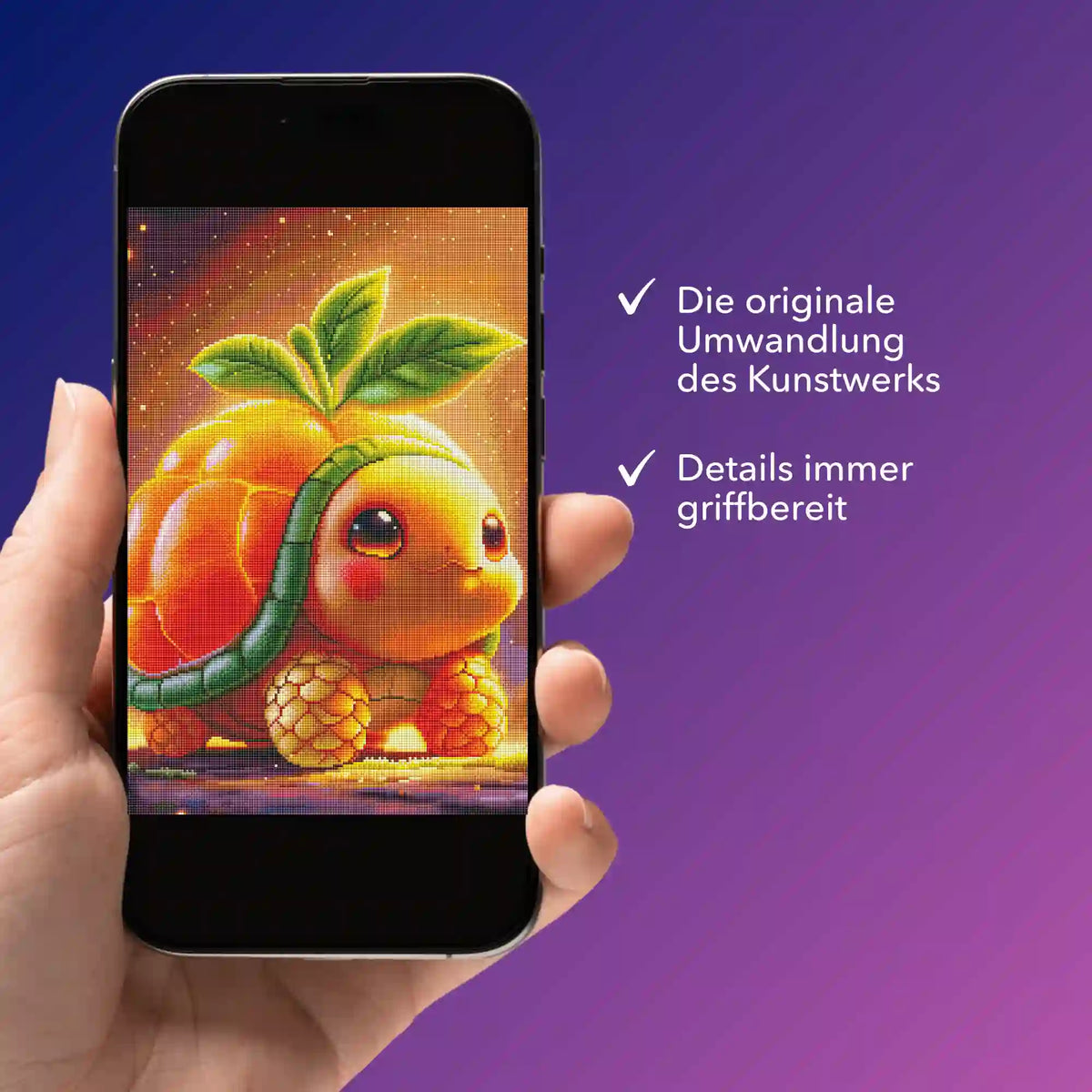 Digitale Diamond Painting Vorlage Frutty Schildkröte als PDF in der Picmondoo Bildmappe auf einem Smartphone Display