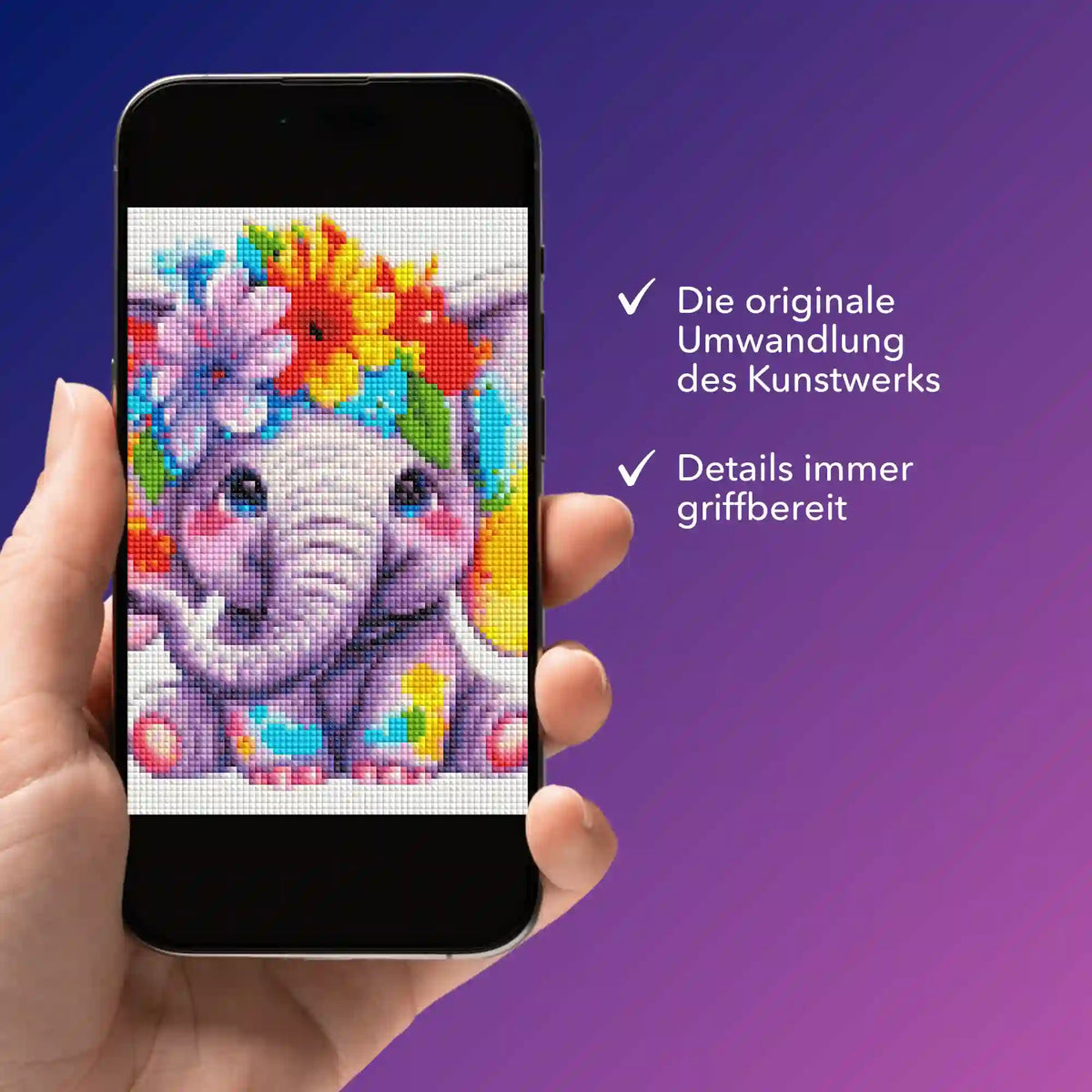 Digitale Diamond Painting Vorlage als kleiner Blumenelefant auf einem Smartphone zur Ansicht für dein DIY-Projekt