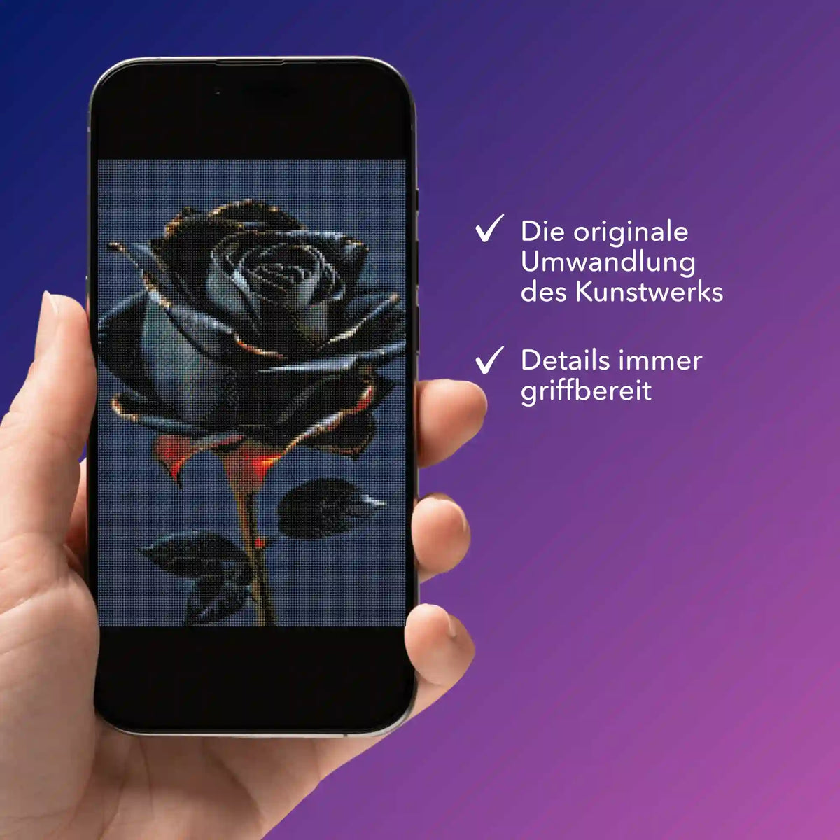 Digitale Diamond Painting Bildmappe mit schwarzer Rose Motiv auf Smartphone für kreative Bastelprojekte