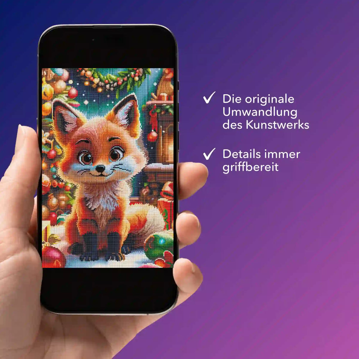 Digitale Diamond Painting Vorlage als Foxy Motiv auf Smartphone für das nächste DIY Kunstwerk