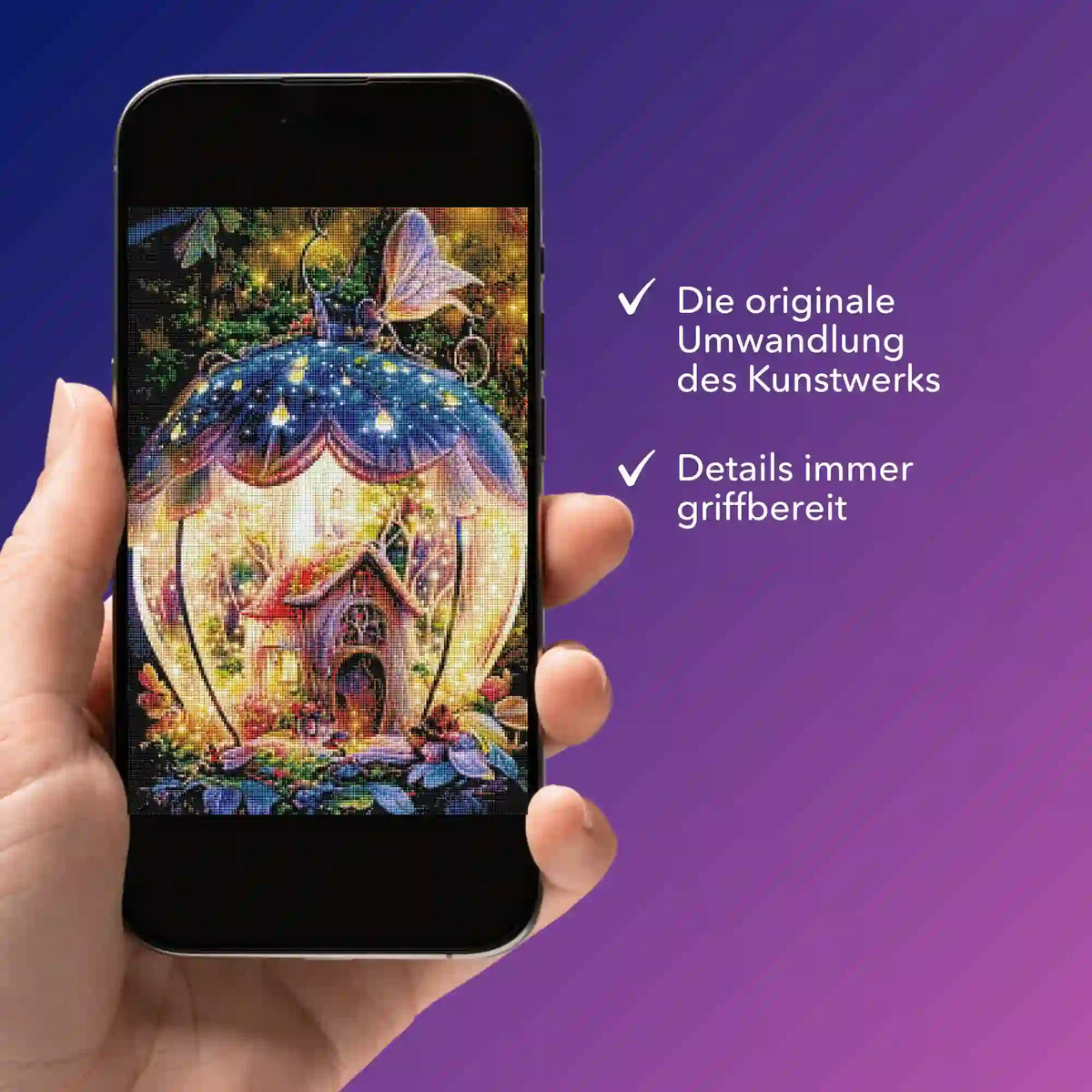 Smartphone mit digitaler Bildmappe für Diamond Painting Motiv Fantasiehaus zur Ansicht von Details