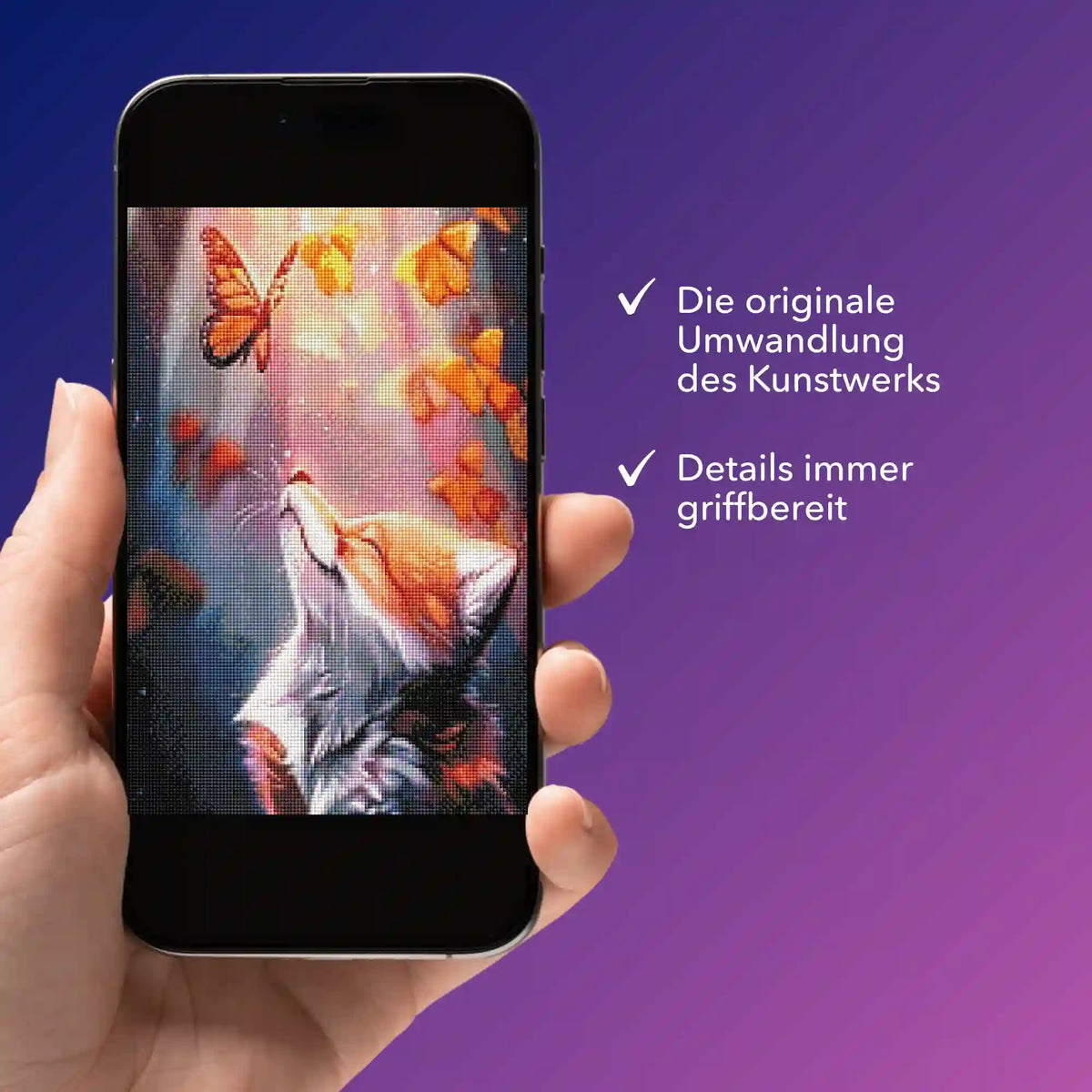 Digitale Diamond Painting Vorlage eines Fuchses mit Schmetterlingen auf dem Smartphone zur individuellen Kunstgestaltung