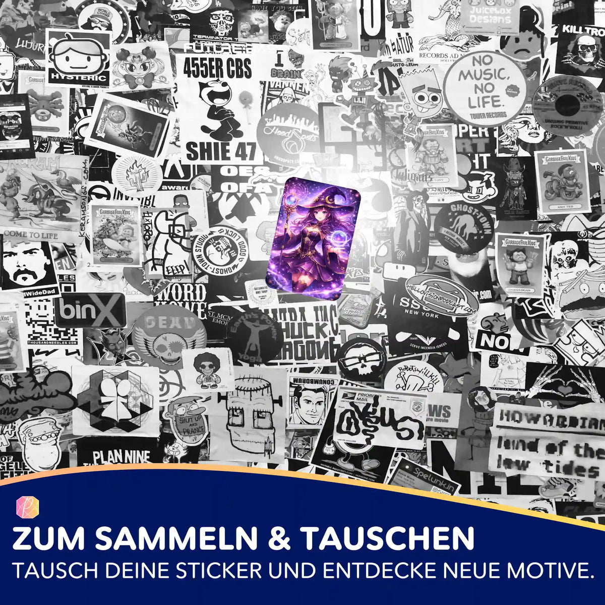 Celestara Aufkleber aus dem Picmondoo Diamond Painting Set mit magischem Motiv in einer schwarz-weißen Stickerkollage