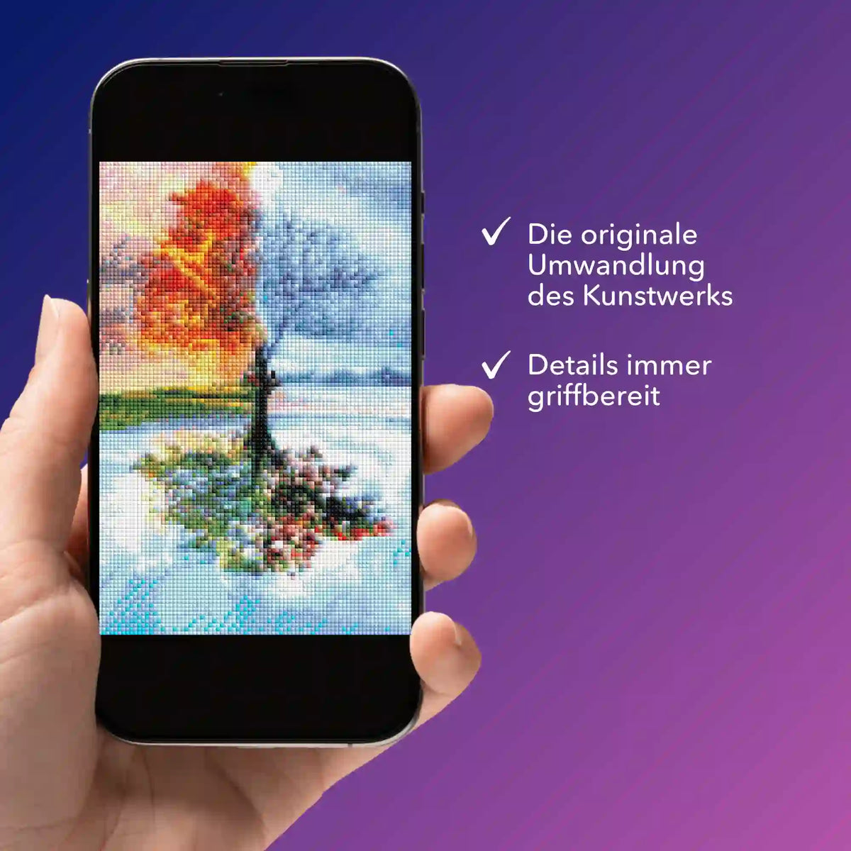 Digitale Diamond Painting Bildmappe als PDF für das Motiv Baum der 4 Jahreszeiten auf einem Smartphone angezeigt