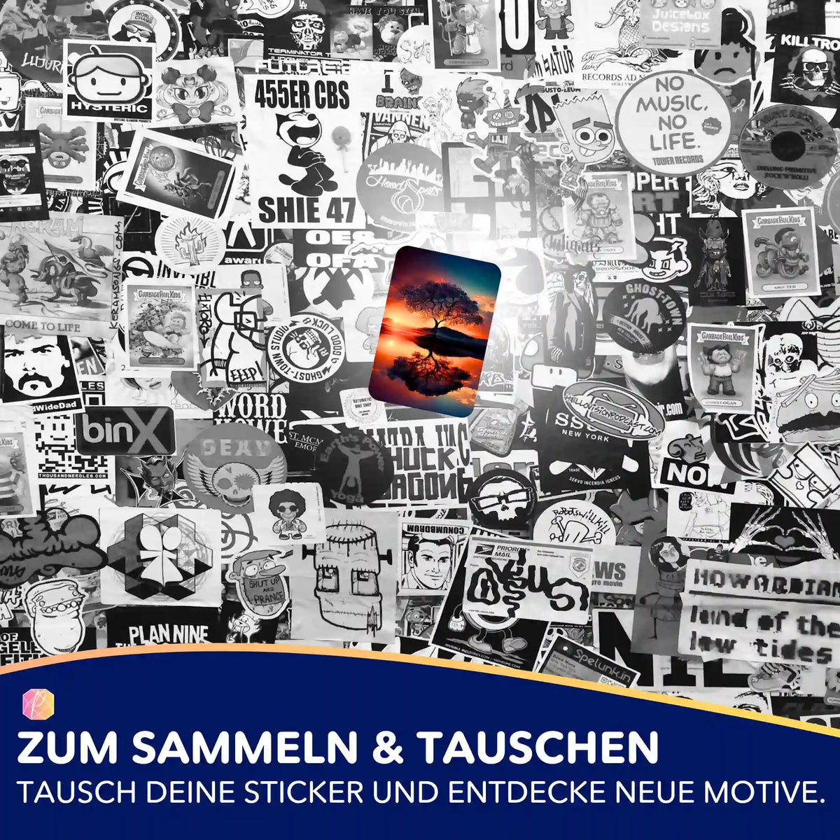 Picmondoo Diamond Painting Aufkleber 5er-Set: Bunter Baum im Sonnenuntergang auf Sticker für Hobby-Organisation