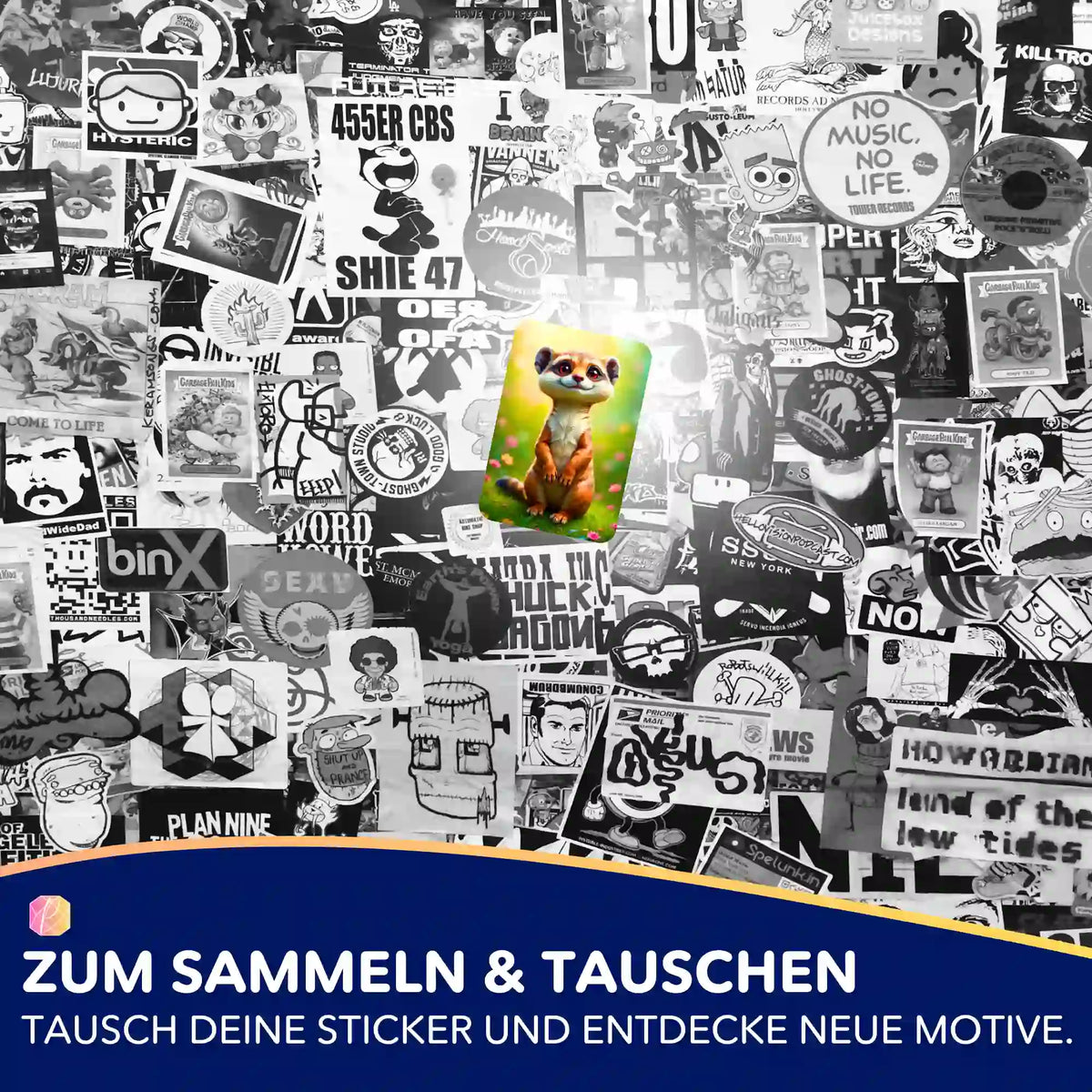 Farbenfroher Eddi-Aufkleber für Diamond Painting Organisation vor schwarz-weißem Sticker-Hintergrund