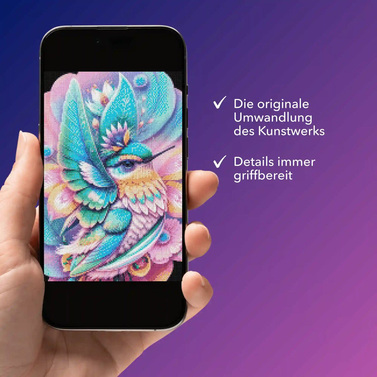 Digitale Diamond Painting Bildmappe als PDF für das Motiv Kolibri im Blütenkelch auf einem Smartphone angezeigt