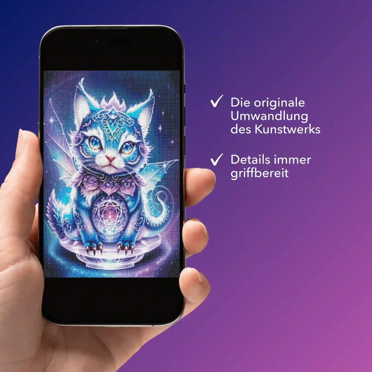 Digitale Diamond Painting Vorlage Mystical Kitty auf Smartphone für bequeme Gestaltung deiner Diamanten Painting Projekte