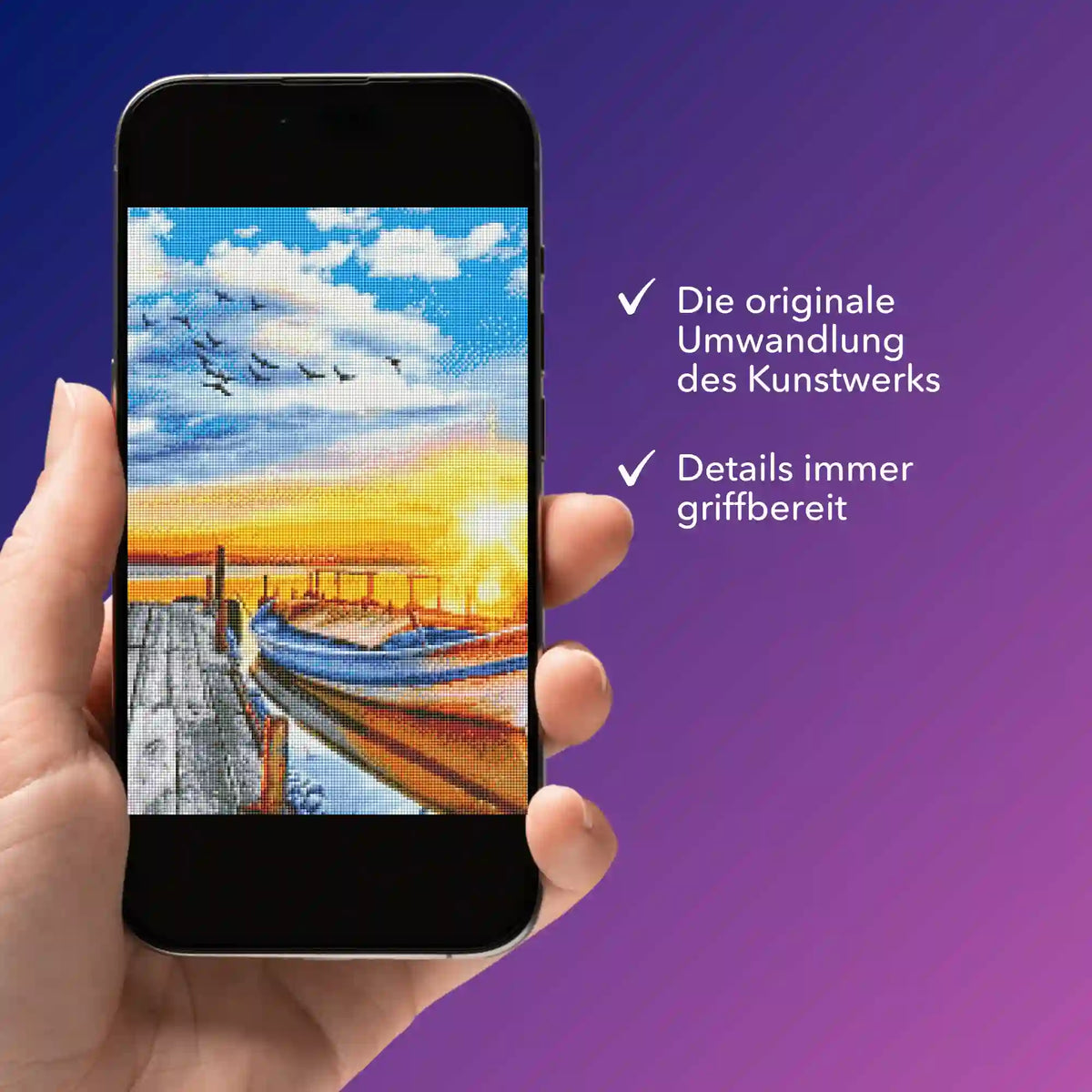 Digitale Diamond Painting Vorlage als PDF auf Smartphone für das Motiv Sonniger Abend am See von Picmondoo