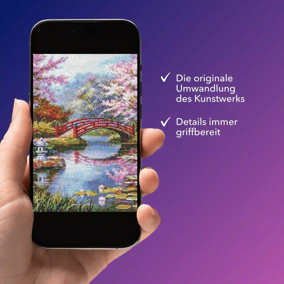 Digitale Diamond Painting Vorlage chinesischer Garten auf Smartphone zur anschaulichen Details-Prüfung