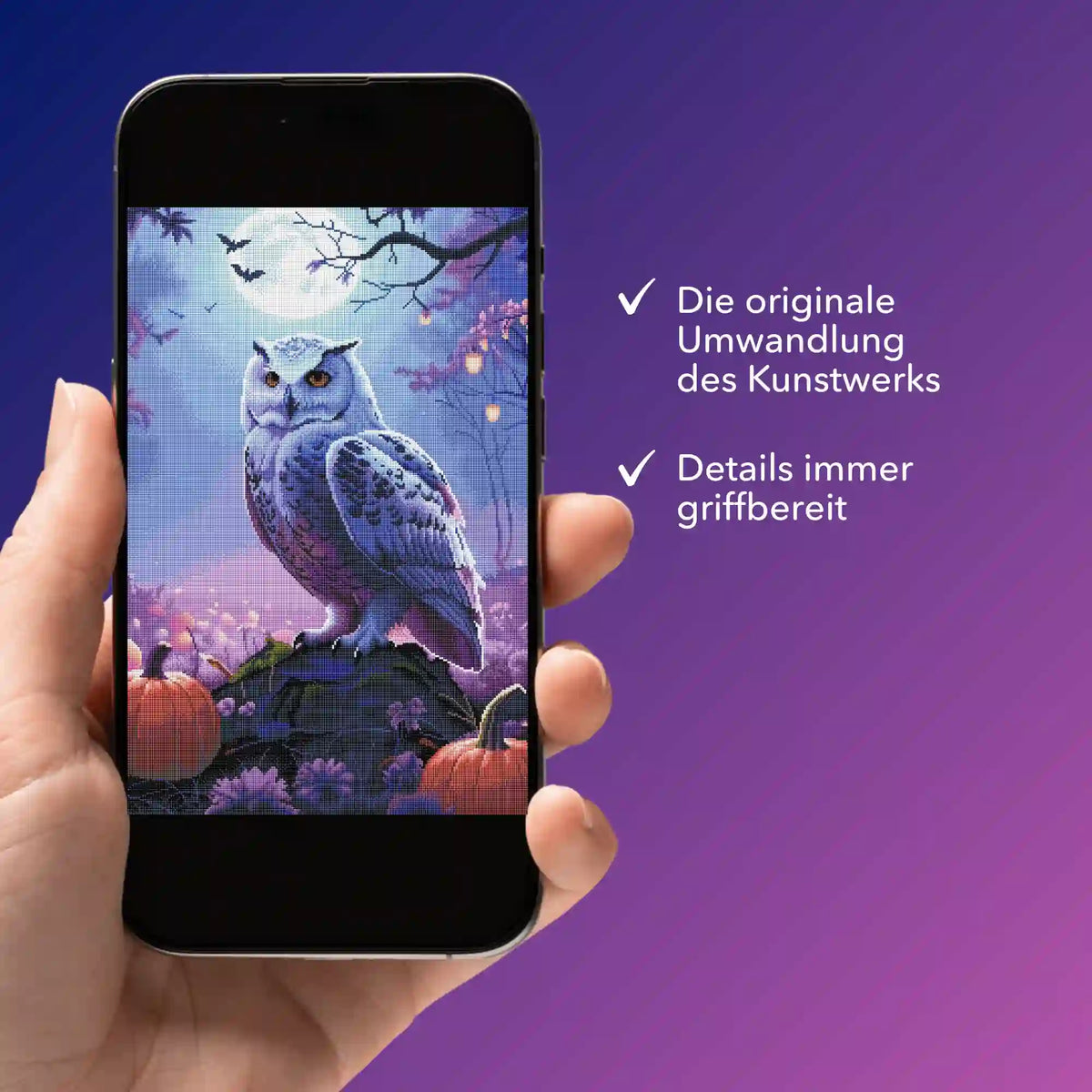 Digitale Bildmappe auf Smartphone mit Eulen-Motiv für Diamond Painting Kits von Picmondoo mit Detailansicht.