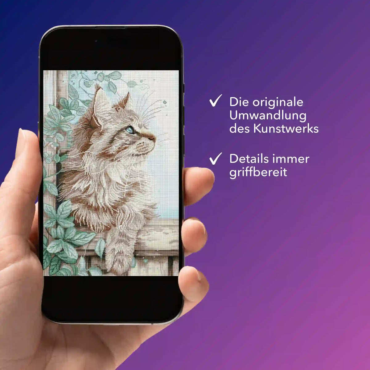 Digitale Diamond Painting Bildmappe mit Motiv Kater Cosimo auf Smartphone-Display zur einfachen Vorlagen-Ansicht