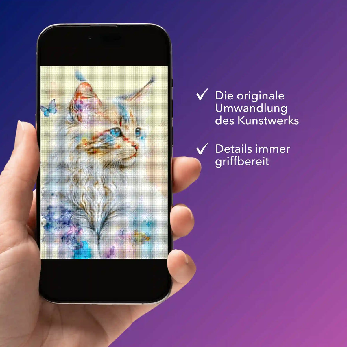 Digitale Diamond Painting Vorlage Kätzchen als Bildmappe auf Smartphone für dein nächstes DIY-Kunstwerk von Picmondoo