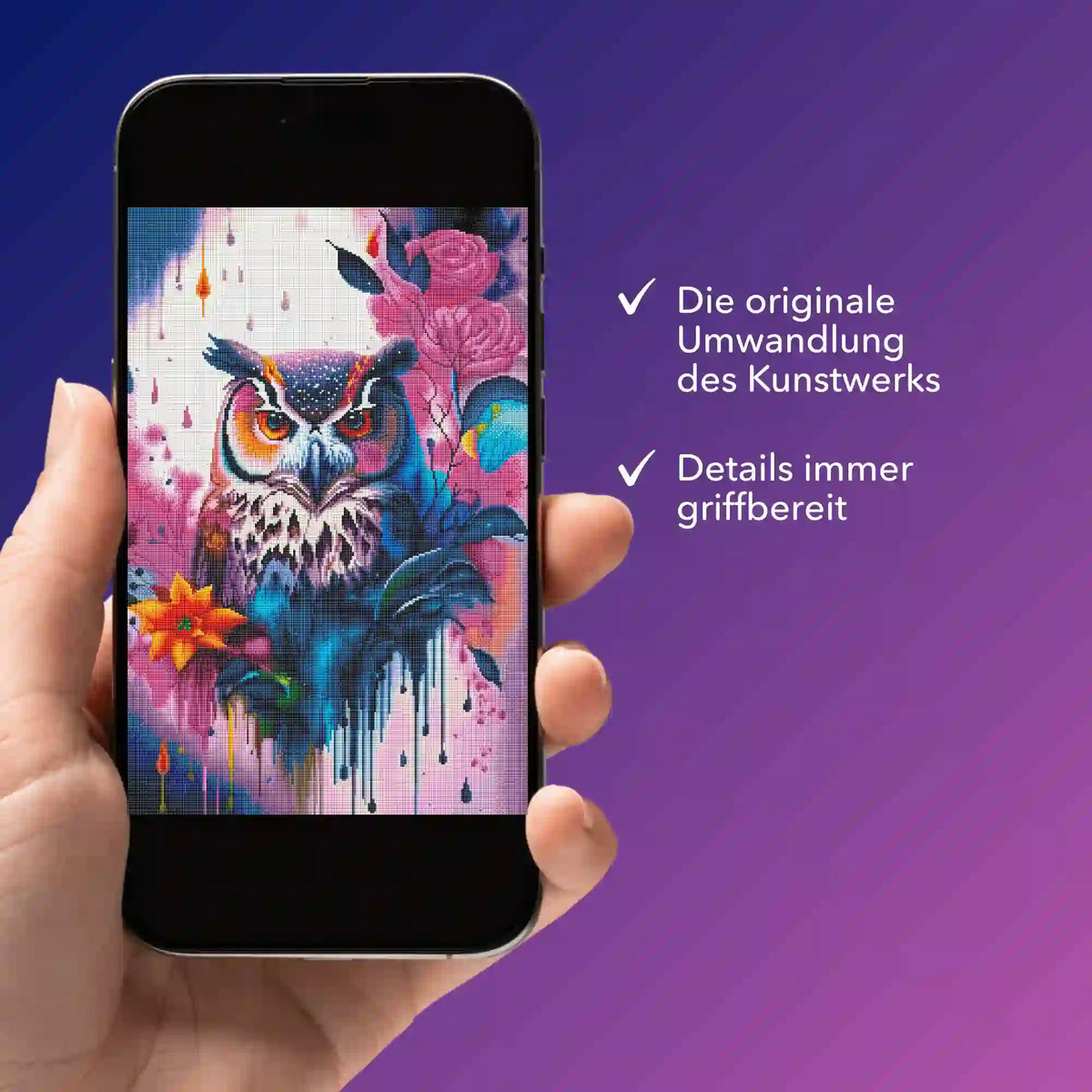 Digitale Bildmappe auf Smartphone mit bunten Eulen-Motiv für Diamond Painting und DIY-Kunstwerke von Picmondoo